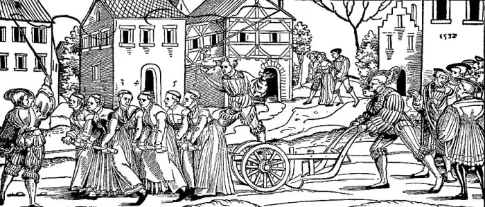 Framed Print : Carnival tradition: remaining unmarried women of the last year pulling a plow Framed Print : Carnival tradition: remaining unmarried women of the last year pulling a plow