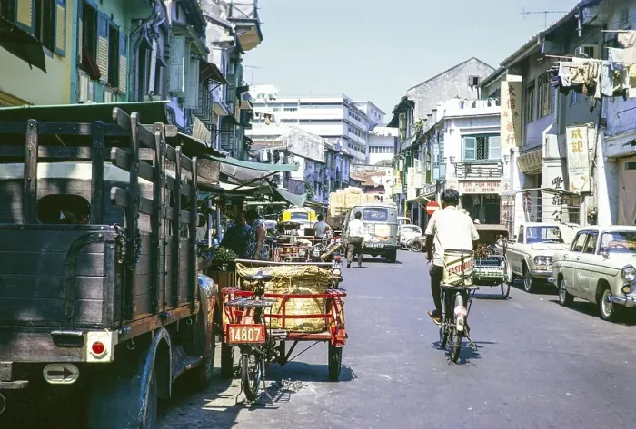 Framed Print : Cars and bicycles in the city centre, Chinatown, Singapore, Asia 1971, Asia