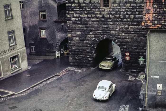 Framed Print : Cars at the Black Tor, Schwarzes Tor, Rottweil, Baden-Wuerttemberg, Germany, Europe, 1959, Europe