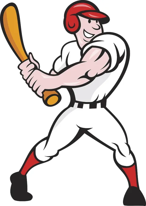 Framed Print : Cartoon illustration of a baseball player with bat batting facing front on isolated white background