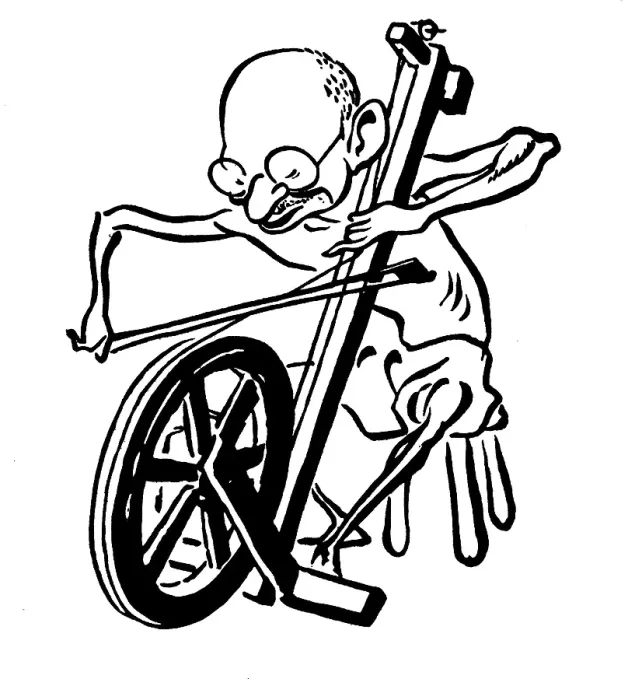 Framed Print : Cartoon of Mahatma Gandhi with Plying the wheel Framed Print : Cartoon of Mahatma Gandhi with Plying the wheel