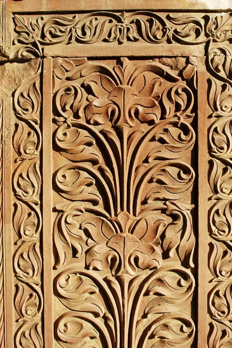 Framed Print : Carved red stone inside fort, Bikaner