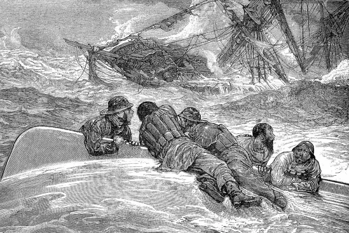 Framed Print : Castaways save themselves from a capsized boat into the sea