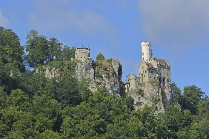 Framed Print : Castle built 19th century on mountain with rocks