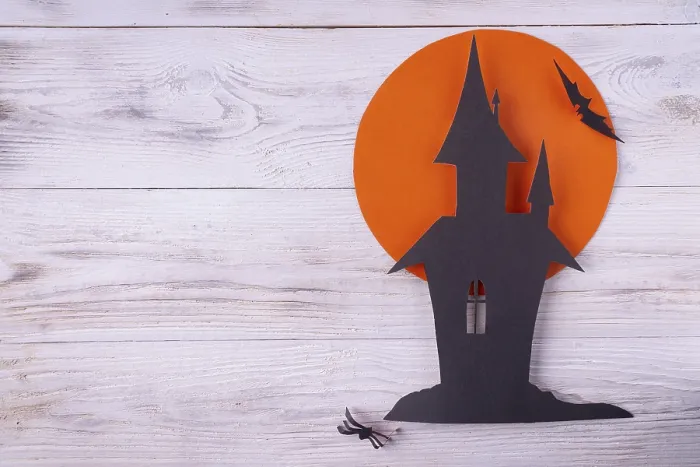 Framed Print : Castle, moon, bat, spider are cut out of colored paper Framed Print : Castle, moon, bat, spider are cut out of colored paper