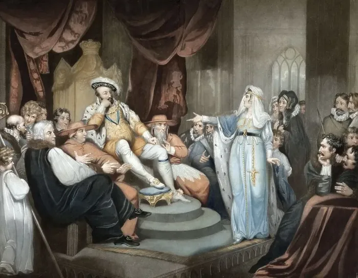 Framed Print : Catherine of Aragon making her plea in front of King Henry VIII Catherine of Aragon