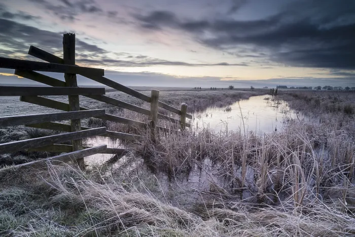 Framed Print : Cattle fence leading into ditch on frost-covered pasture at dawn