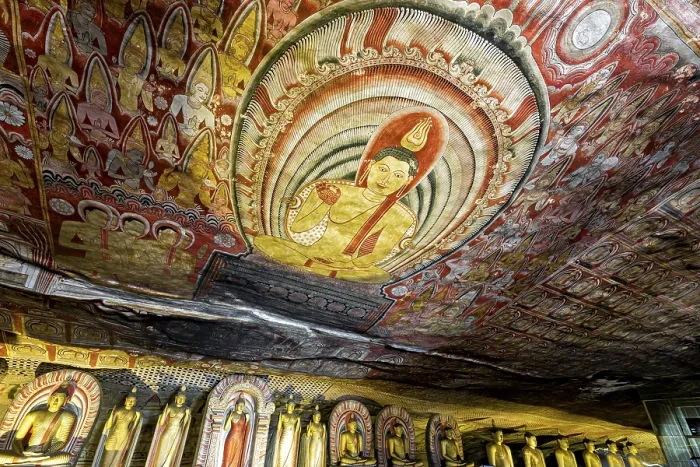 Framed Print : Ceiling painting in a cave with detailed Buddhist representations in strong colors