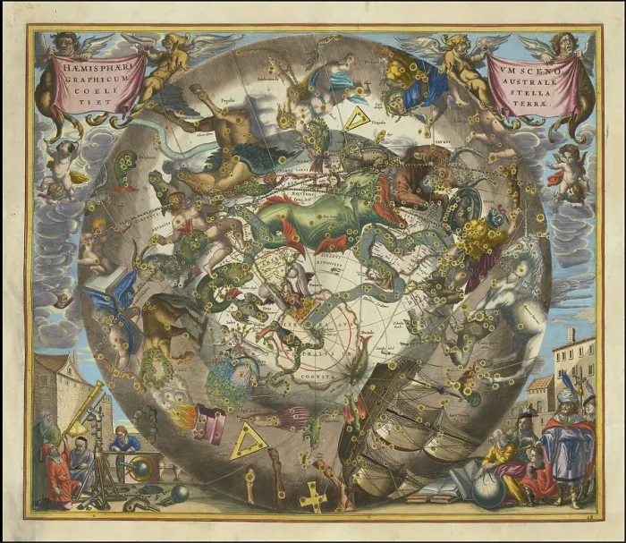 Framed Print : Celestial map of the southern hemisphere with the title Haemisphaerium Scenographicum Australe Coeli Stellati Et Terrae