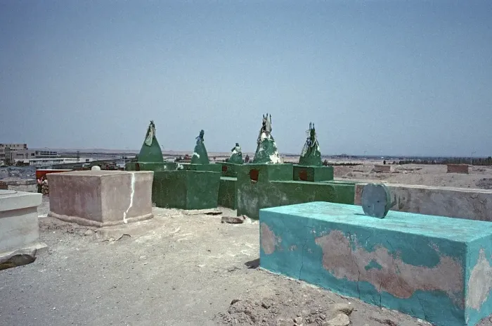 Framed Print : Cemetery of notables, Mecca pilgrims lie in blue and green graves, Deir ez-Zor, Syria, May 1987, vintage, retro, old, historical, Asia