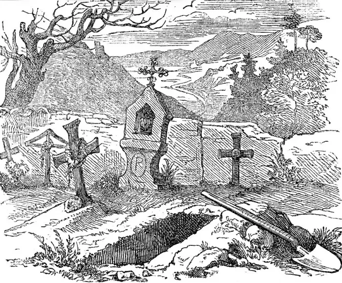 Framed Print : Cemetery with an open grave, engraving Framed Print : Cemetery with an open grave, engraving