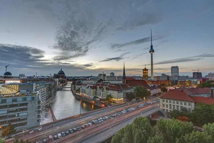 Framed Print : The centre of Berlin with the TV tower at Alexanderplatz after sunset