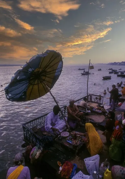 Framed Print : Ceremonies and rituals on the River Ganga Ganges Ghats at Varanasi Benaras