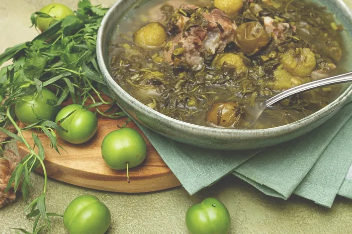 Framed Print : Chakapuli, Georgian dish, stewed meat with herbs and tkemali