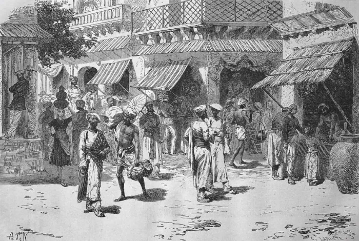 Framed Print : Chandni Chowk intersection with shops and market in 1880