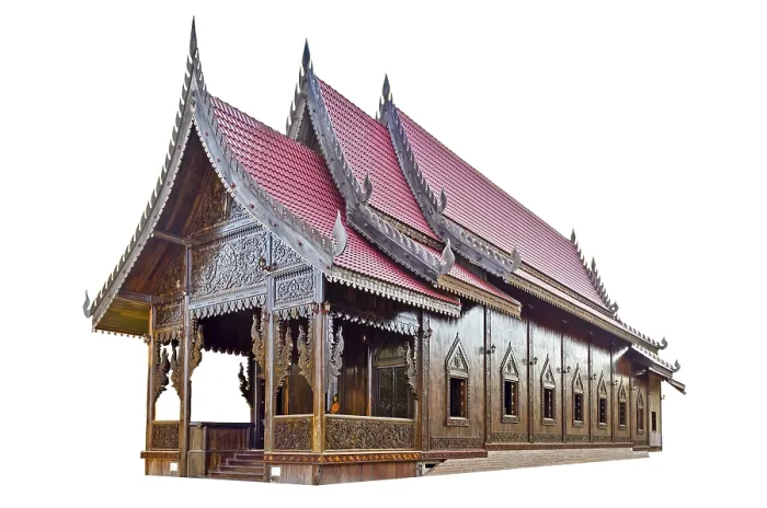 Framed Print : Chapel of Thai temple handmade from palm wood isolated white