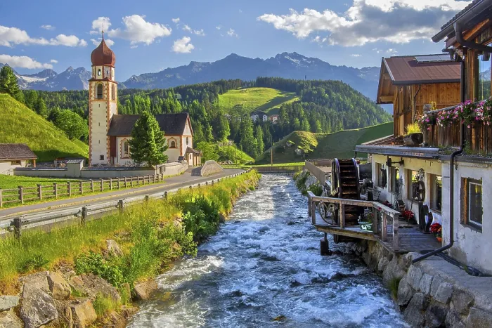 Framed Print : Chaplaincy church and old forge with water wheel on the Horlachbach Framed Print : Chaplaincy church and old forge with water wheel on the Horlachbach