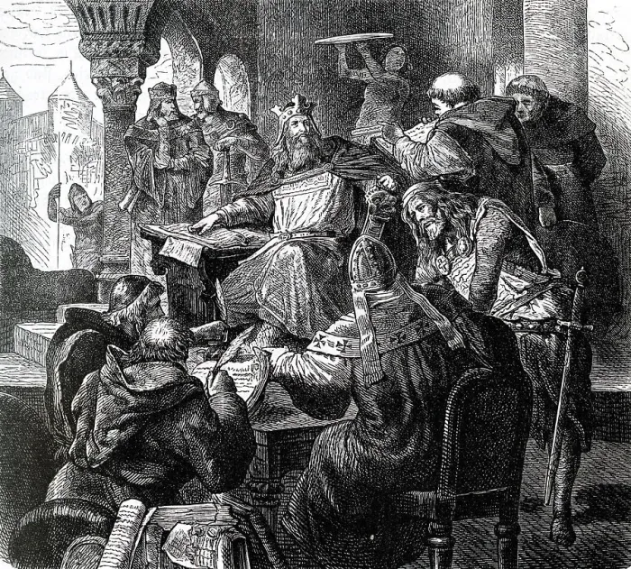 Framed Print : Charlemagne in the circle of scholars and clergymen