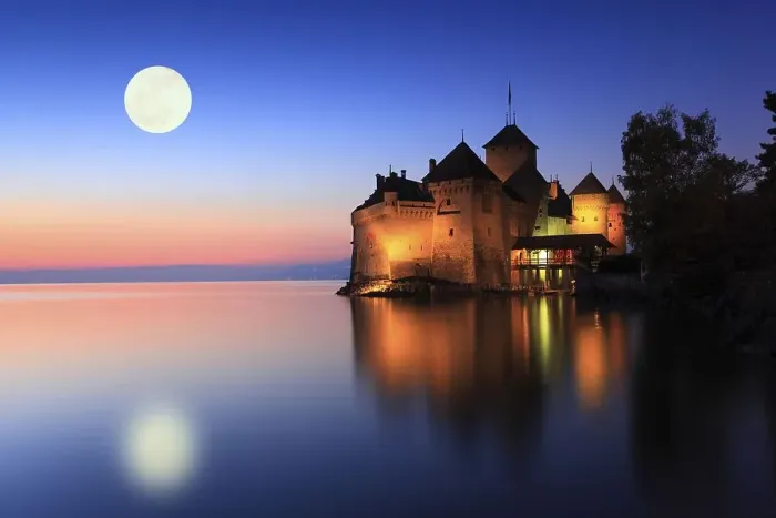 Framed Print : Chateau de Chillon, full moon, Lake Geneva