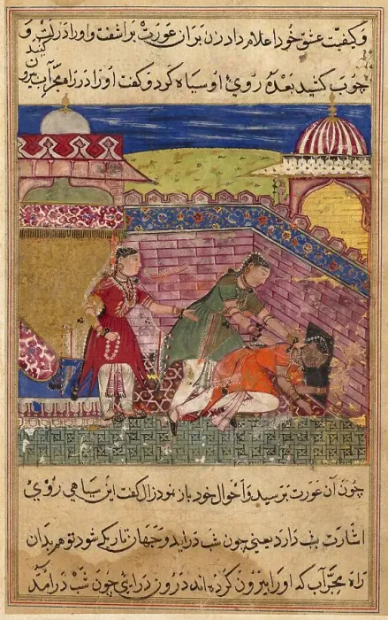 Framed Print : The cheating woman throws out the matchmaker after blackening her face