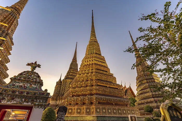 Framed Print : Chedis in the Buddhist temple Wat Pho at dusk