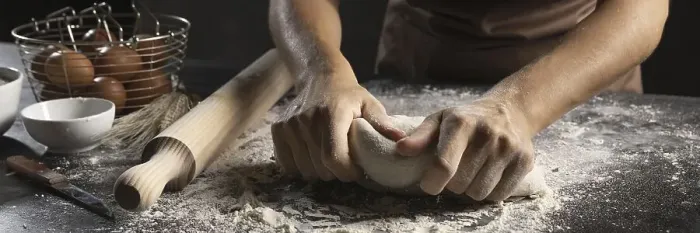 Framed Print : Chef using hands flour knead dough