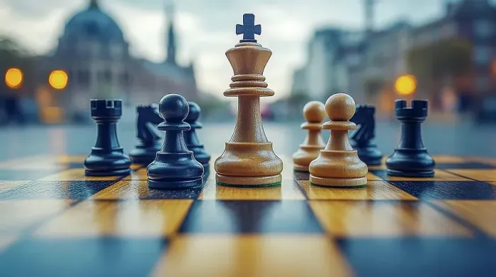 Framed Print : Chess pieces on a board outdoors with a blurred city background at twilight, AI generated
