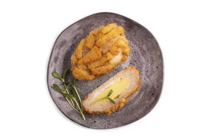 Framed Print : Chicken Schnitzel on gray plate with microgreen Isolated on white background Framed Print : Chicken Schnitzel on gray plate with microgreen Isolated on white background