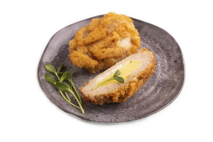 Framed Print : Chicken Schnitzel on gray plate with microgreen Isolated on white background Framed Print : Chicken Schnitzel on gray plate with microgreen Isolated on white background