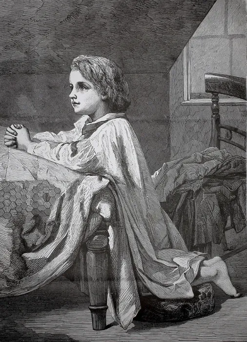 Framed Print : Child kneeling at bed for evening prayer