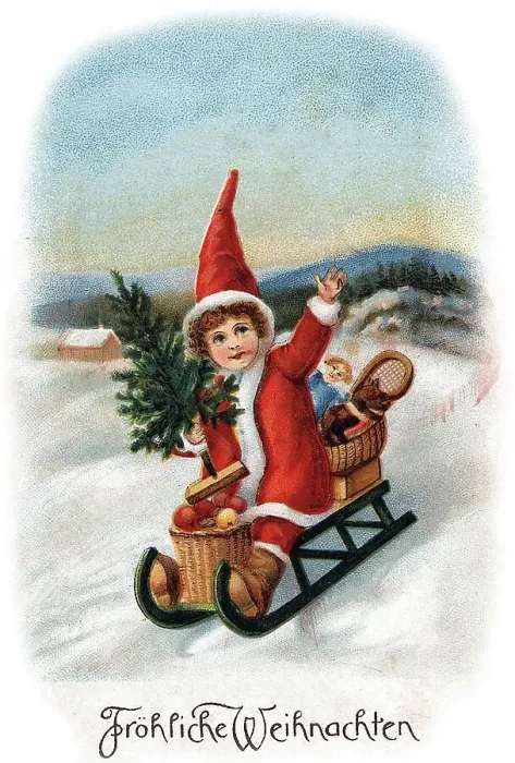Framed Print : Child sitting on a sleigh, Christmas tree Framed Print : Child sitting on a sleigh, Christmas tree