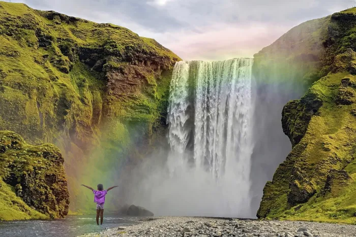 Framed Print : Child in front of Skogar waterfall rainbow Iceland Framed Print : Child in front of Skogar waterfall rainbow Iceland