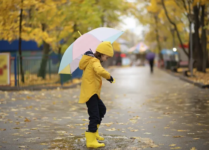 Framed Print : Child in yellow rubber boots and raincoat standing on puddle