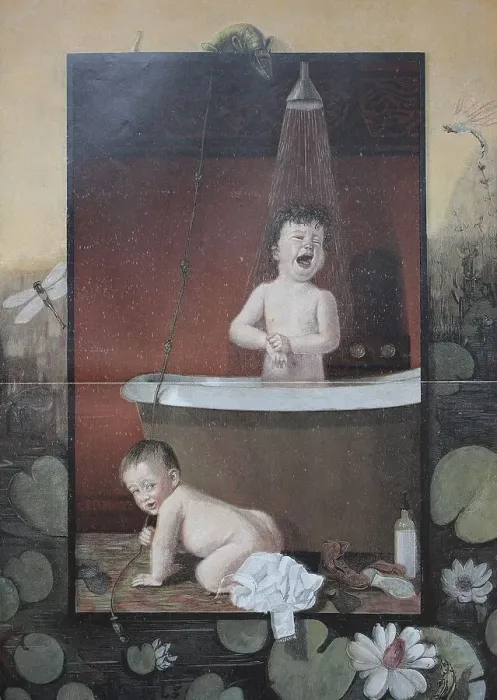 Framed Print : Children bathing, cold shower, children's prank Framed Print : Children bathing, cold shower, children's prank