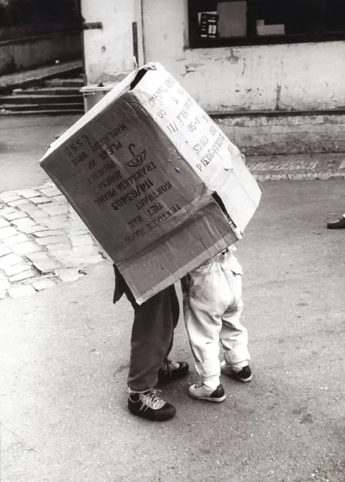 Framed Print : Two children in a box ca. 1970s