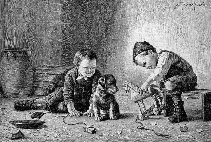 Framed Print : Children, two boys playing with a puppy dog and a wooden horse Framed Print : Children, two boys playing with a puppy dog and a wooden horse