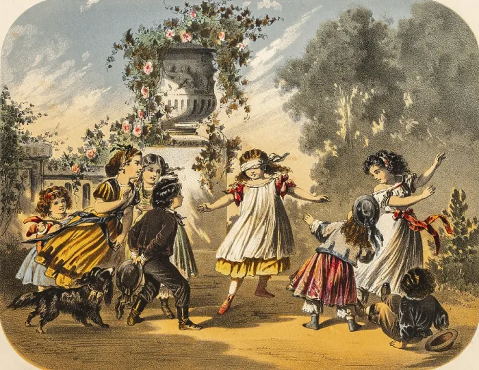 Framed Print : Children celebrate birthday and play blind cow outdoors