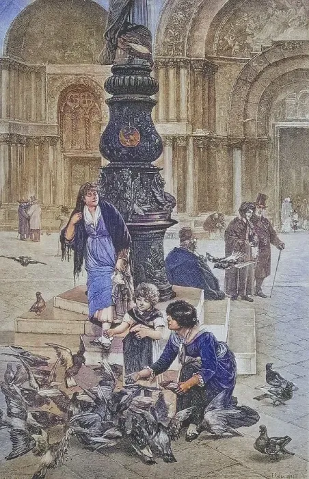 Framed Print : Children feeding pigeons in St Mark's Square in Venice