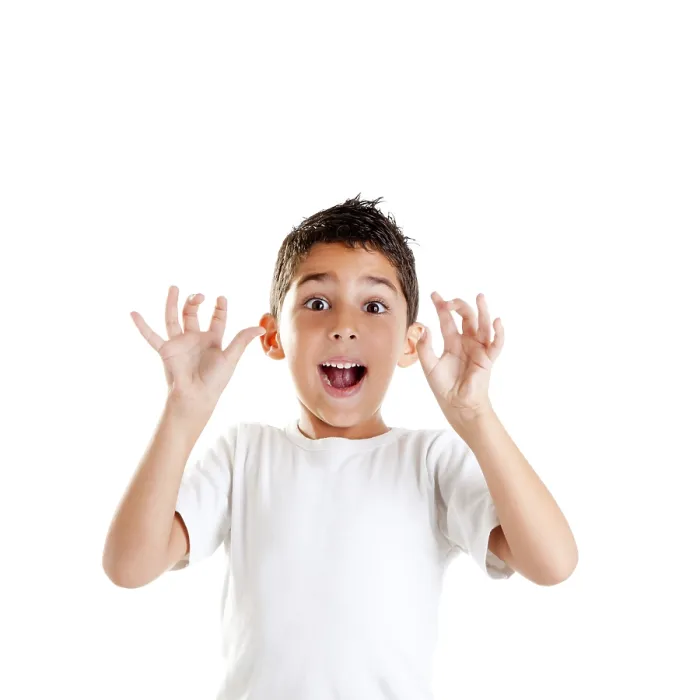 Framed Print : Children with funny expression gesture open hand fingers isolated on white Framed Print : Children with funny expression gesture open hand fingers isolated on white