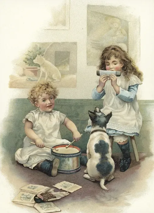 Framed Print : Two children playing for their dog on this illustration from the turn of the century 1800-1900