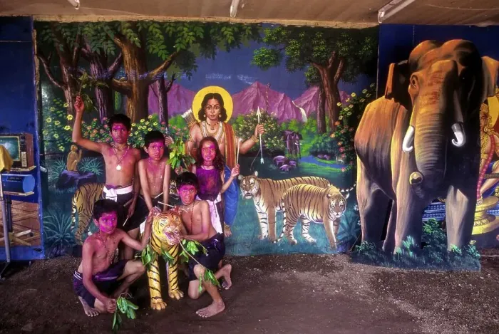Framed Print : Children Posing at a studio with Lord Ayyappa cut outs