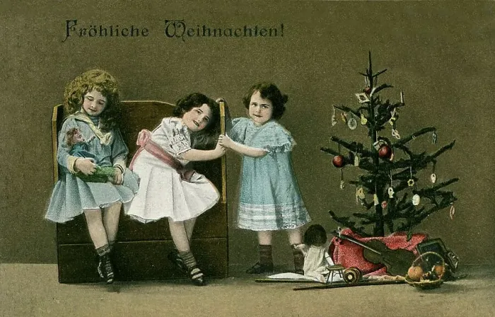 Framed Print : Children sitting on a bench, Christmas tree Framed Print : Children sitting on a bench, Christmas tree