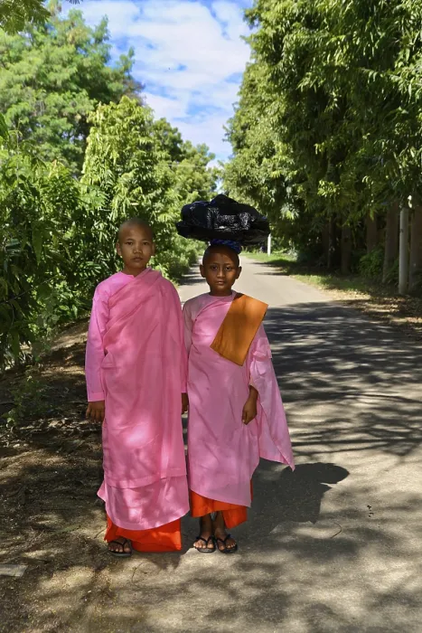 Framed Print : Two children in traditional pink clothes on a sunlit forest path