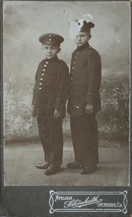 Framed Print : Children in uniform, damaged, visit format