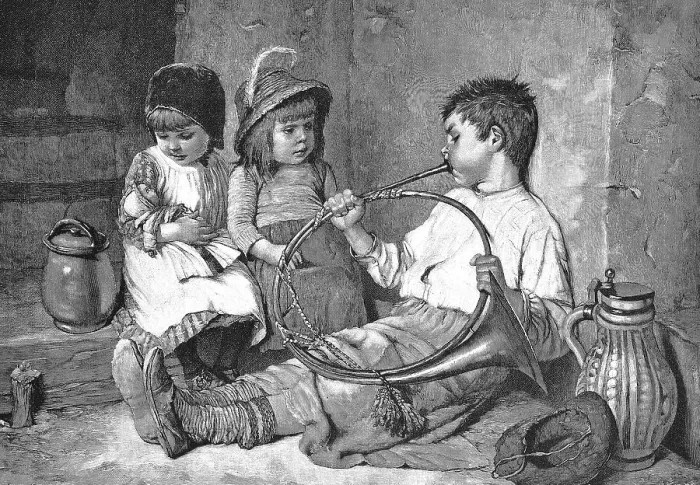 Framed Print : Two children watching a boy playing a horn