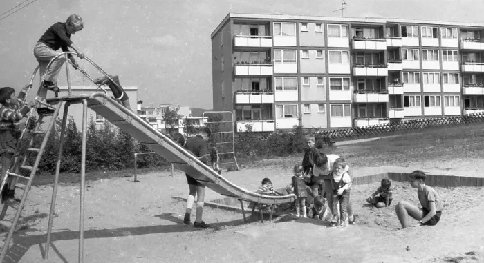 Framed Print : Children's playground in the Dortmund district of Scharnhorst on 4