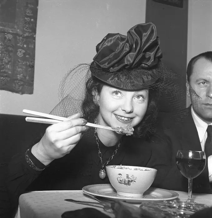 Framed Print : Chinese food being served for the first time ever in a swedish restaurant 1944