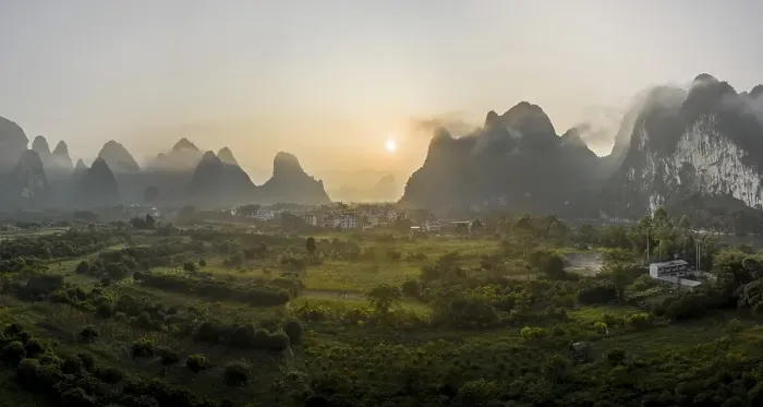 Framed Print : Chinese karst mountains near Yangshuo at sunrise