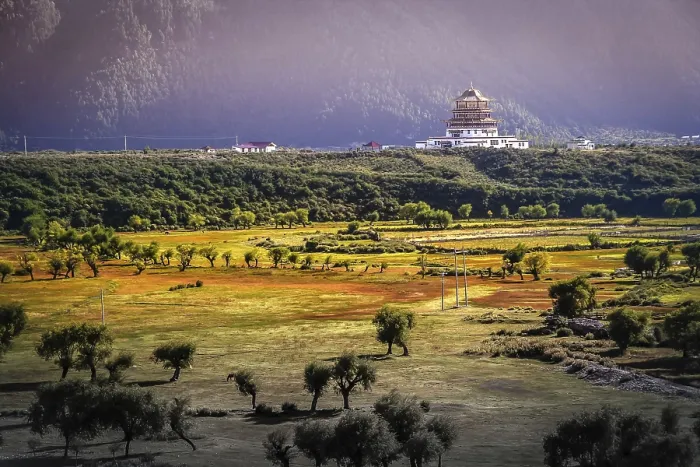 Framed Print : Chinese pagoda on a vast meadow in Tibet Framed Print : Chinese pagoda on a vast meadow in Tibet
