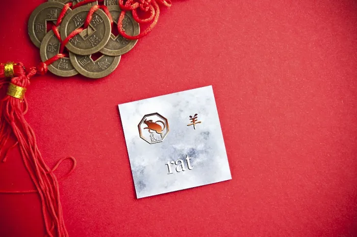 Framed Print : Chinese themed image with zodiac sign of the rat on red backdrop surrounded by coins